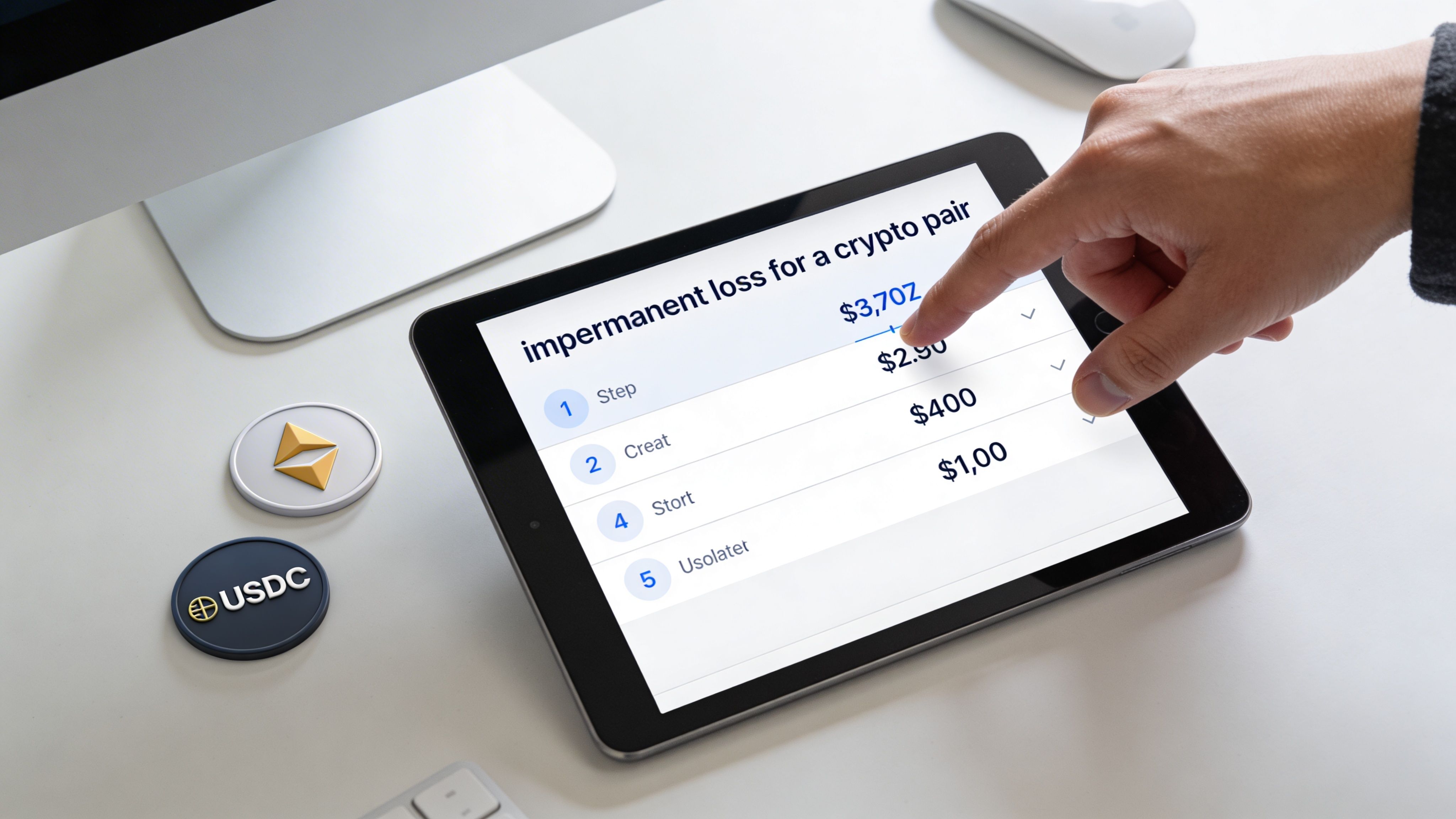 A hand using a tablet to calculate impermanent loss for a crypto pair with Ethereum and USDC coins nearby.