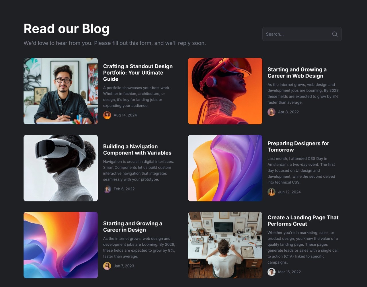 Framer Dark Blog News Section - Frameblox UI