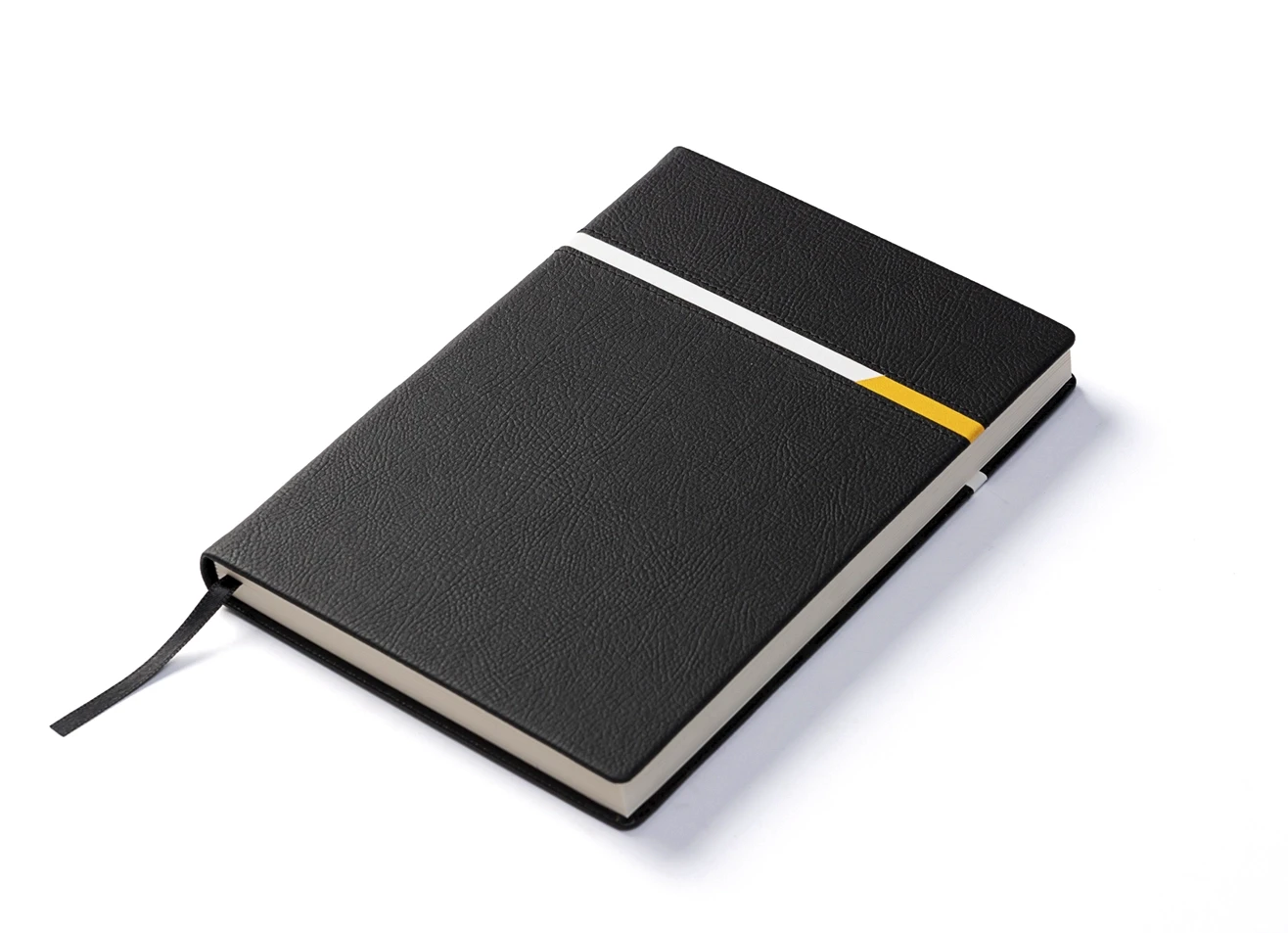 Angled view of black textured notebook with white and yellow stripe.