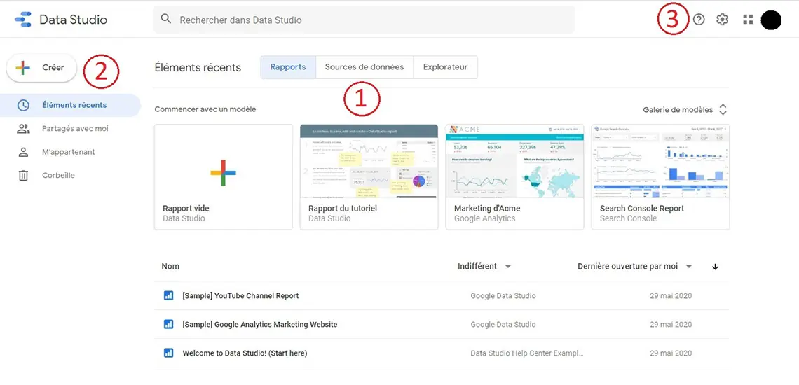 Interface utilisateur Google Data Studio