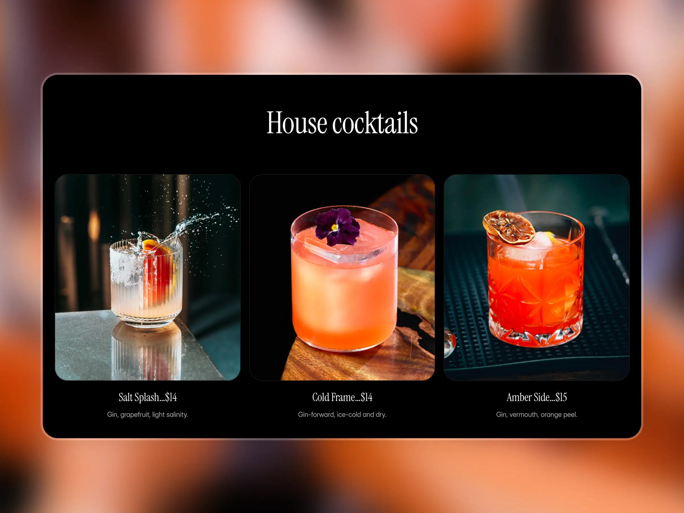Bar website drink menu section with dark layout, serif headline “House cocktails,” three cocktail cards with images, descriptions, and visible prices.
