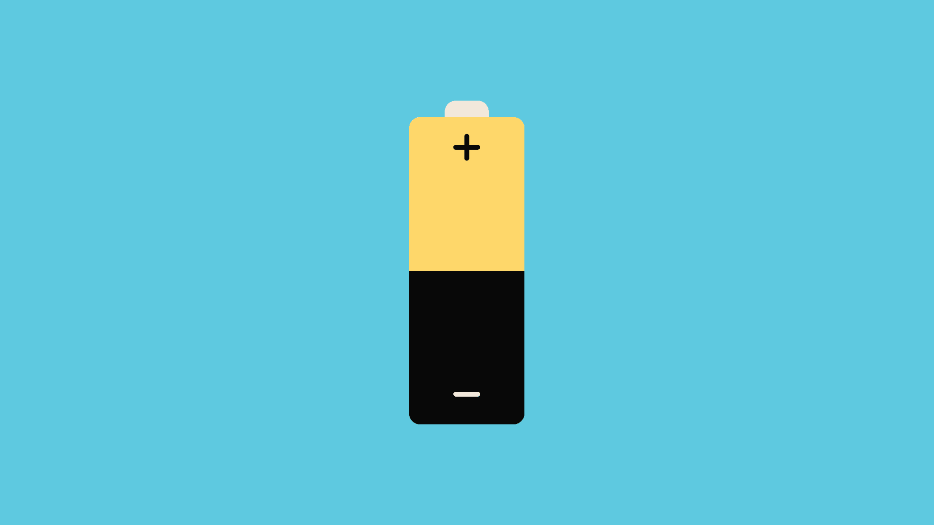Yellow and black battery icon on a light blue background; positive and negative symbols visible.