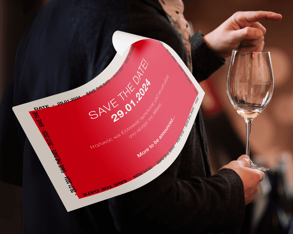 Save the date for the OINO VINO event, captured alongside a wine glass