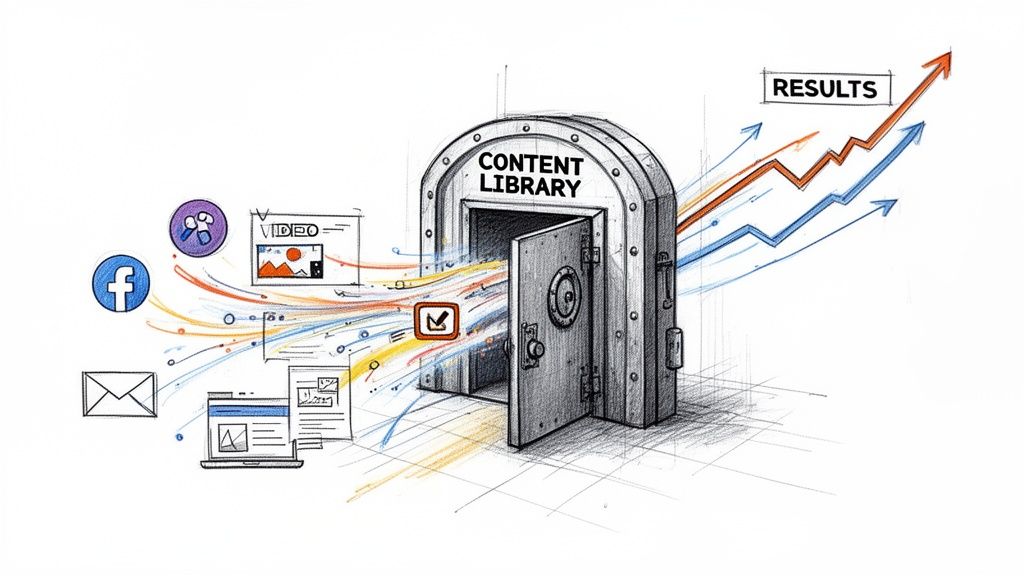 An illustration showing various digital media sources flowing into a vault labeled content library, leading to positive growth results.