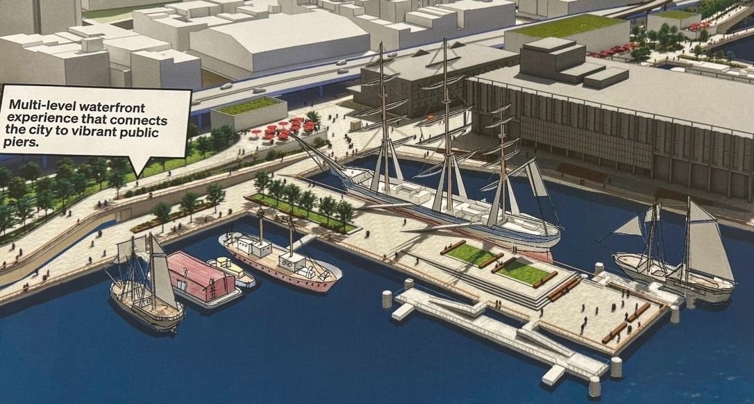 A depiction of a multi-level waterfront experience along the East River