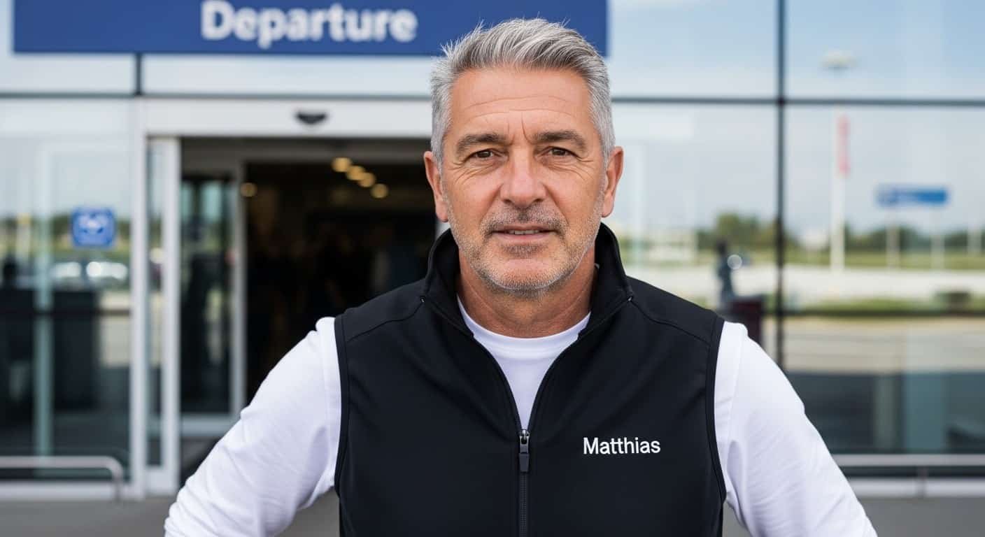 Ein Mann mit grauen Haaren und Brille, der eine schwarze Weste und einen grauen Kapuzenpullover trägt, steht vor einem Flughafen Gebäude.