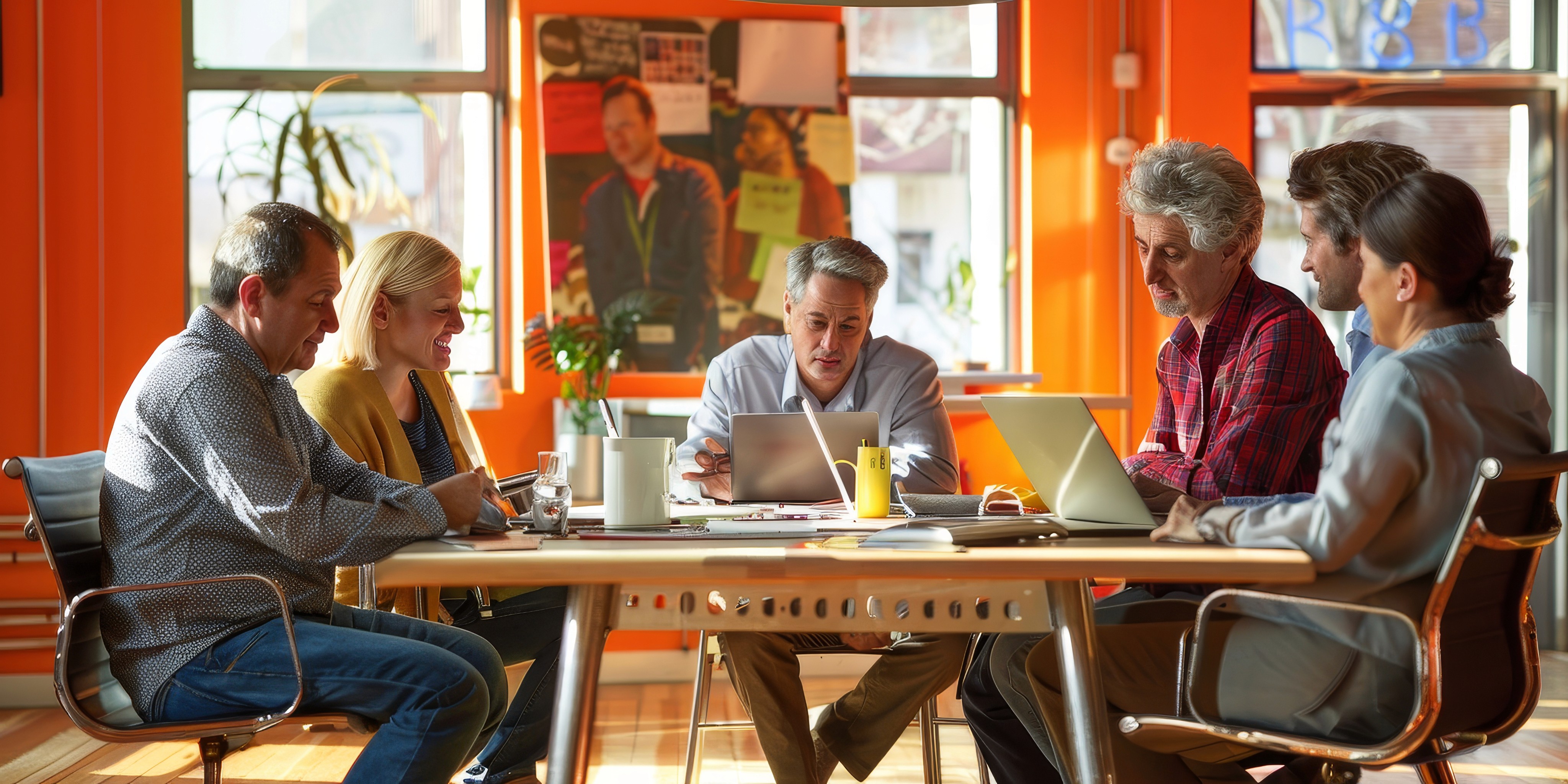Team of coworkers in a meeting around a table in a bright orange office.