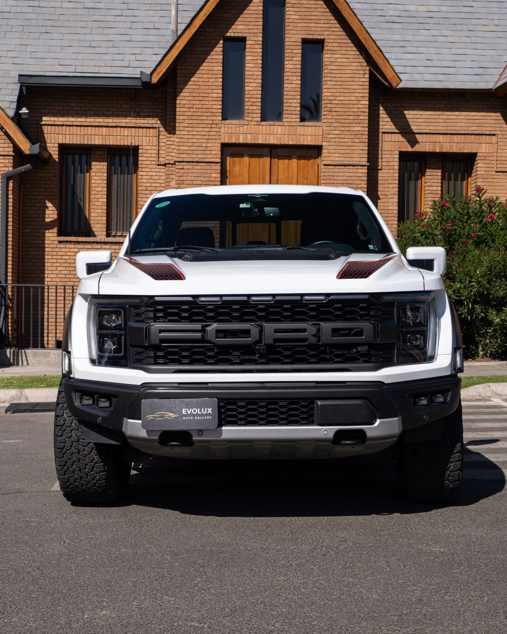 Detalle de parrilla frontal negra de Ford F-150 Raptor blanca con letras FORD y placa Evolux