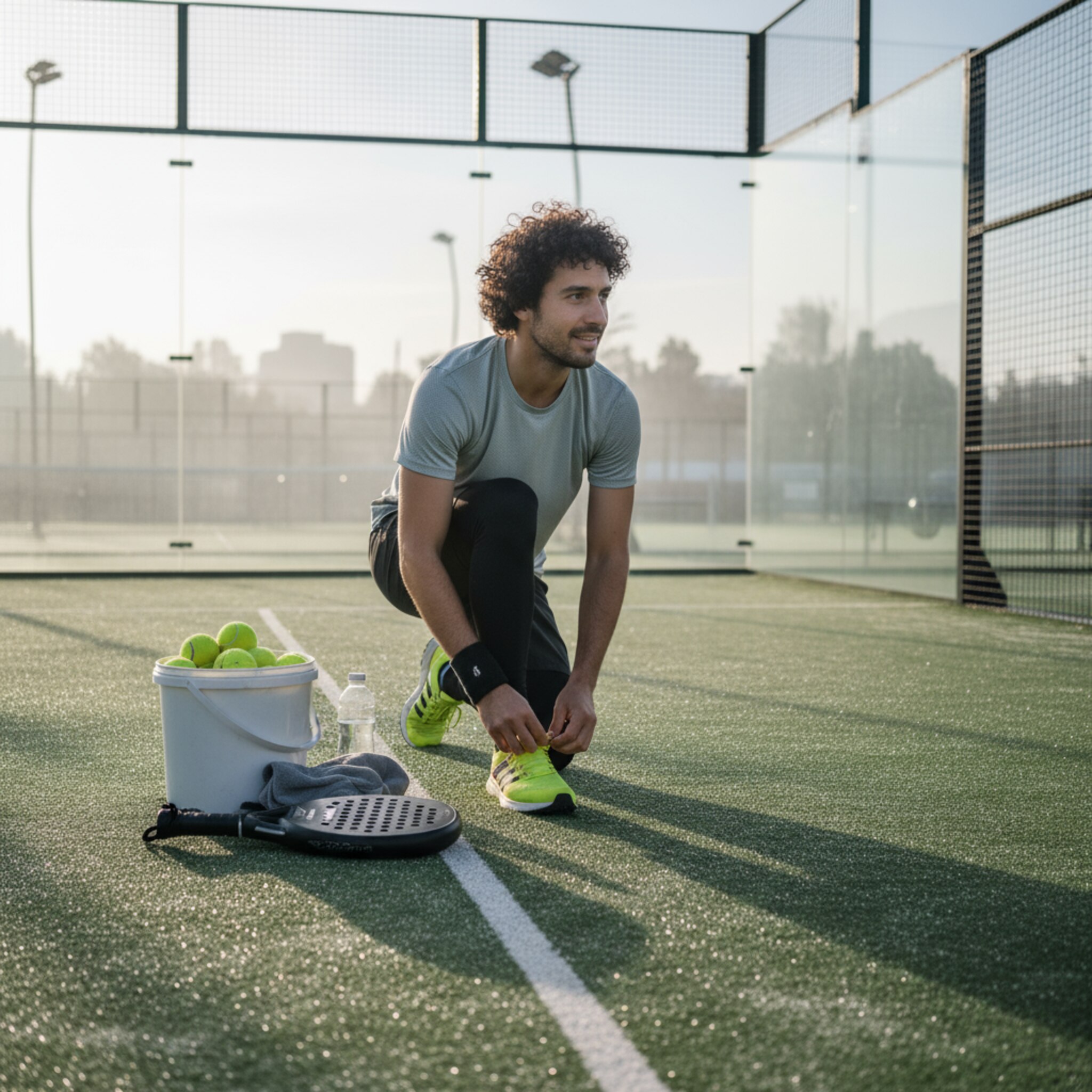 Ein früher Morgen auf einem Outdoor-Padel-Court, Tauperlen glitzern auf dem Kunstrasen. Jemand bindet die Schuhe an der Seitenlinie, der Schläger liegt bereit neben einem Eimer gelber Bälle. Zarte Sonnenstrahlen fallen durch ein Netz aus Schatten. Es wirkt ruhig und erwartungsvoll.
