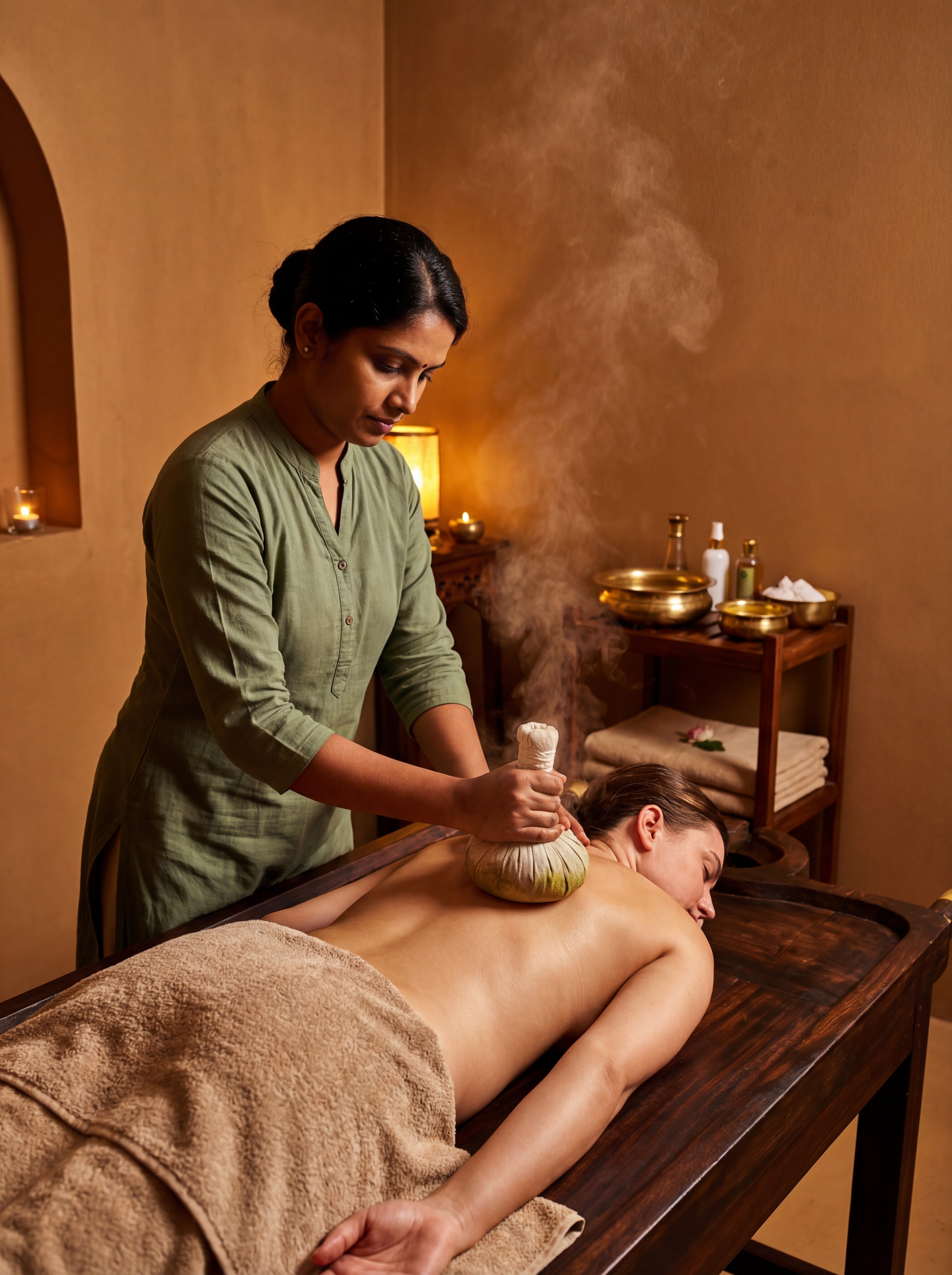 A fully enclosed indoor Ayurvedic therapy room. A female Indian Ayurvedic practitioner wearing muted green cotton attire is performing a classical Kizhi treatment on a female patient lying on a traditional Indian wooden pathi. The patient is clearly female in body structure. The practitioner applies a warm herbal poultice (kizhi) with steady, controlled pressure to a joint or muscle area such as the knee, hip, or upper back. Gentle steam rises from the poultice. Soft, warm ambient indoor lighting, no windows, no natural light. Brass vessels and herbal preparation bowls nearby. Calm, therapeutic environment focused on joint relief and inflammation reduction. Realistic, documentary-style classical Ayurvedic photography.