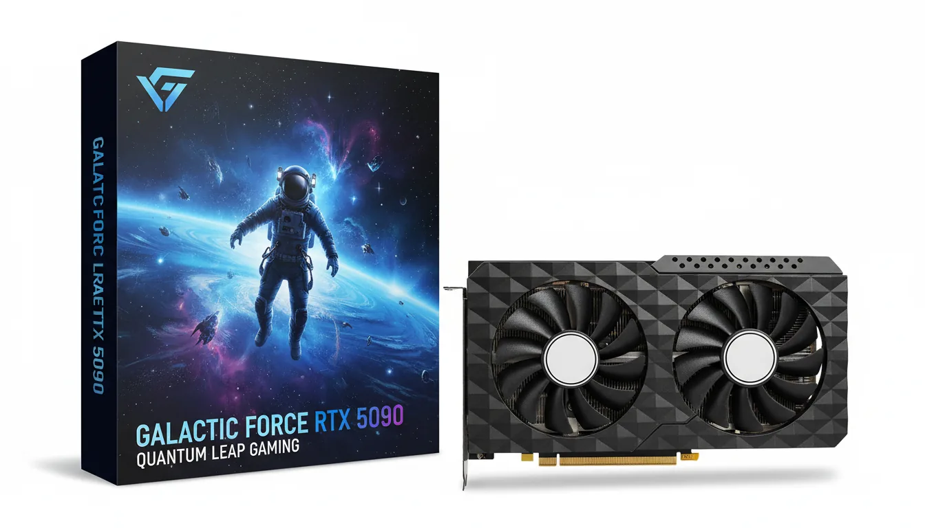 DSLR product photograph of a modern graphics card and its retail box, sharp focus, isolated on a pure white background. The hardware features a black, dual-fan design with a textured, geometric diamond pattern on the shroud and a perforated top edge. The fans are black with simple white circular centers. To the left, the vertical retail box displays a vibrant blue and purple cosmic scene with an astronaut, nebulas, and stylized, abstracted text. The entire composition is captured with bright, even studio lighting.