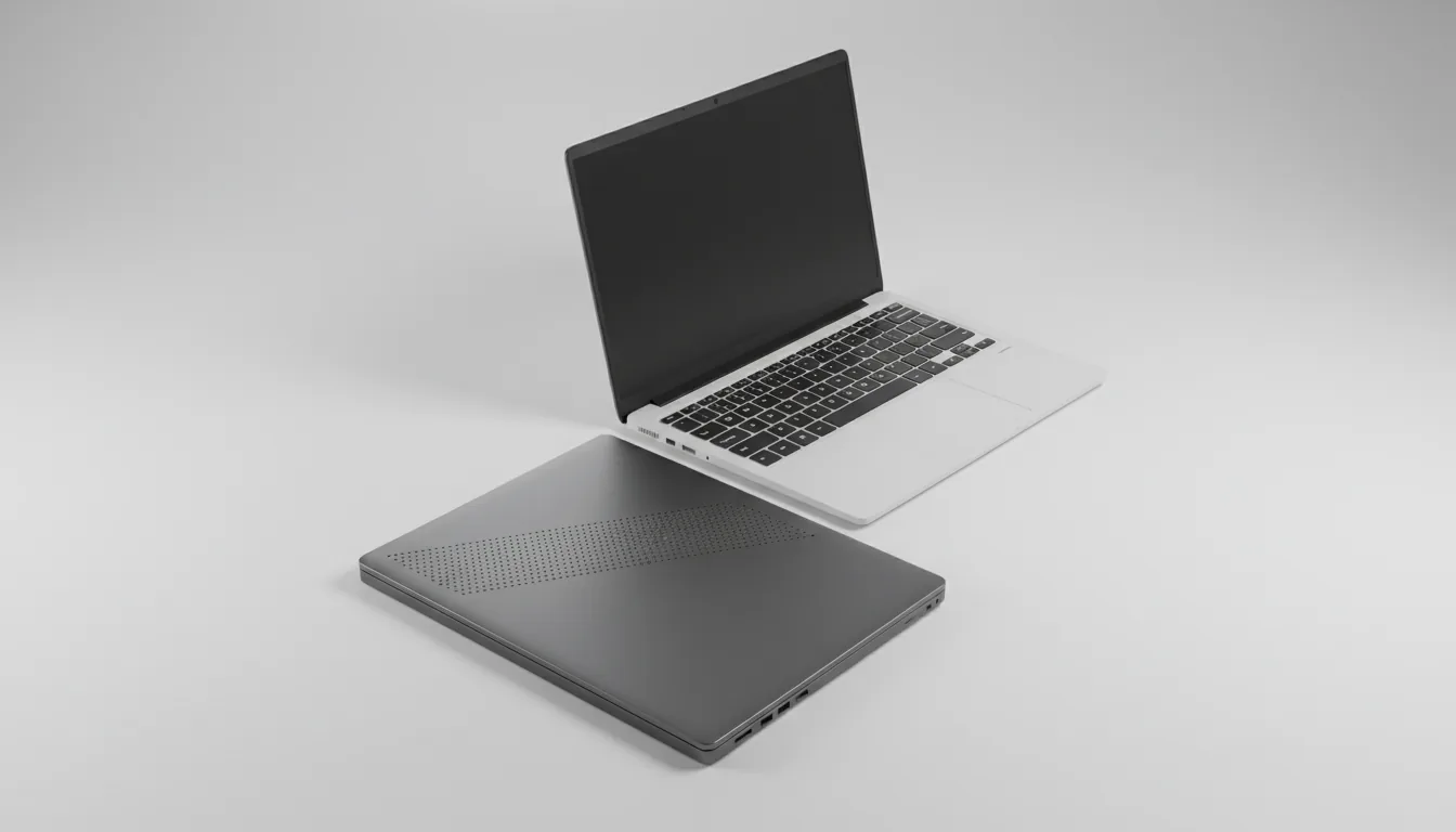 High-angle DSLR product shot of two modern, high-performance laptops on a seamless light gray studio background, illuminated with soft studio lighting creating gentle shadows. In the foreground, a closed laptop with a matte charcoal gray aluminum finish lies flat. Behind it, a matching laptop in matte white is open, showing its keyboard and trackpad. Both laptops feature a distinctive diagonal line of micro-perforations across their lids. The aesthetic is minimalist and futuristic, with a sharp focus highlighting the precise metallic textures.