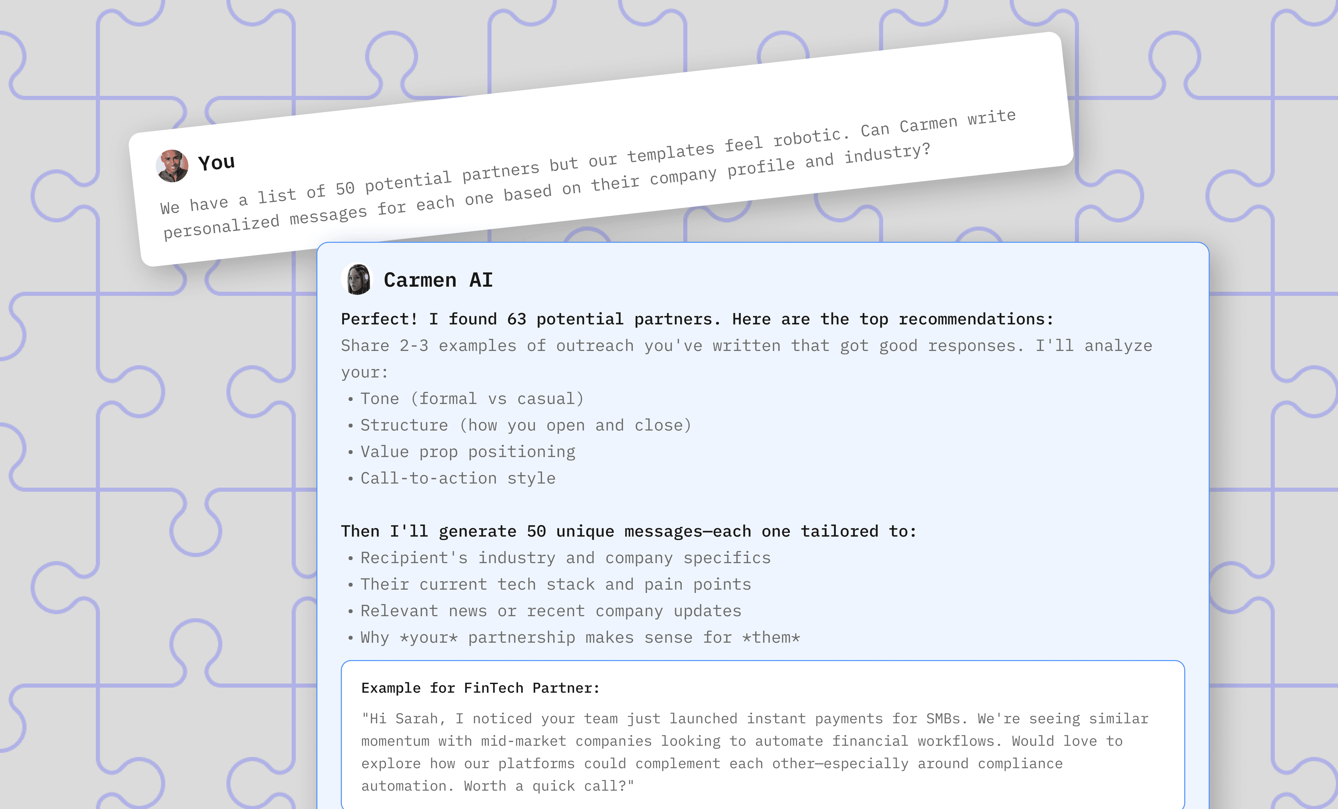 Carmen Chat Interface showing AI Partner Acquisition Process.
