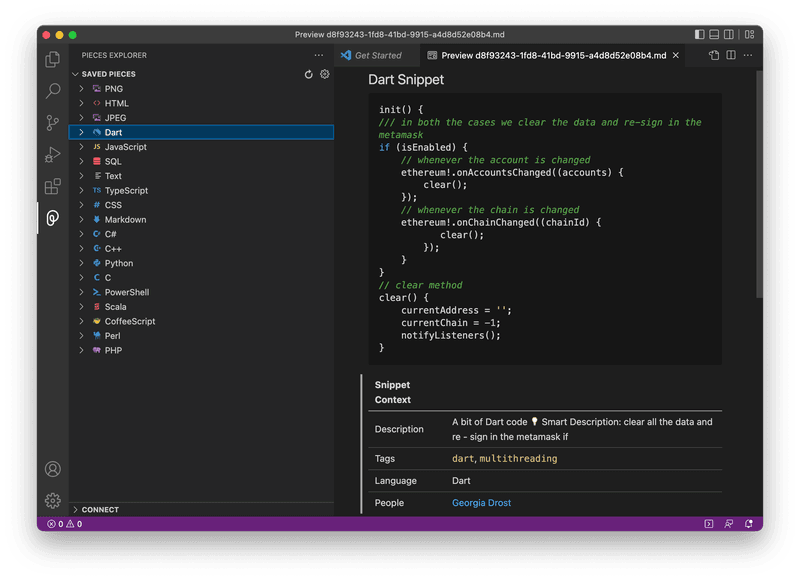 The markdown snippet preview in Pieces for VS Code.