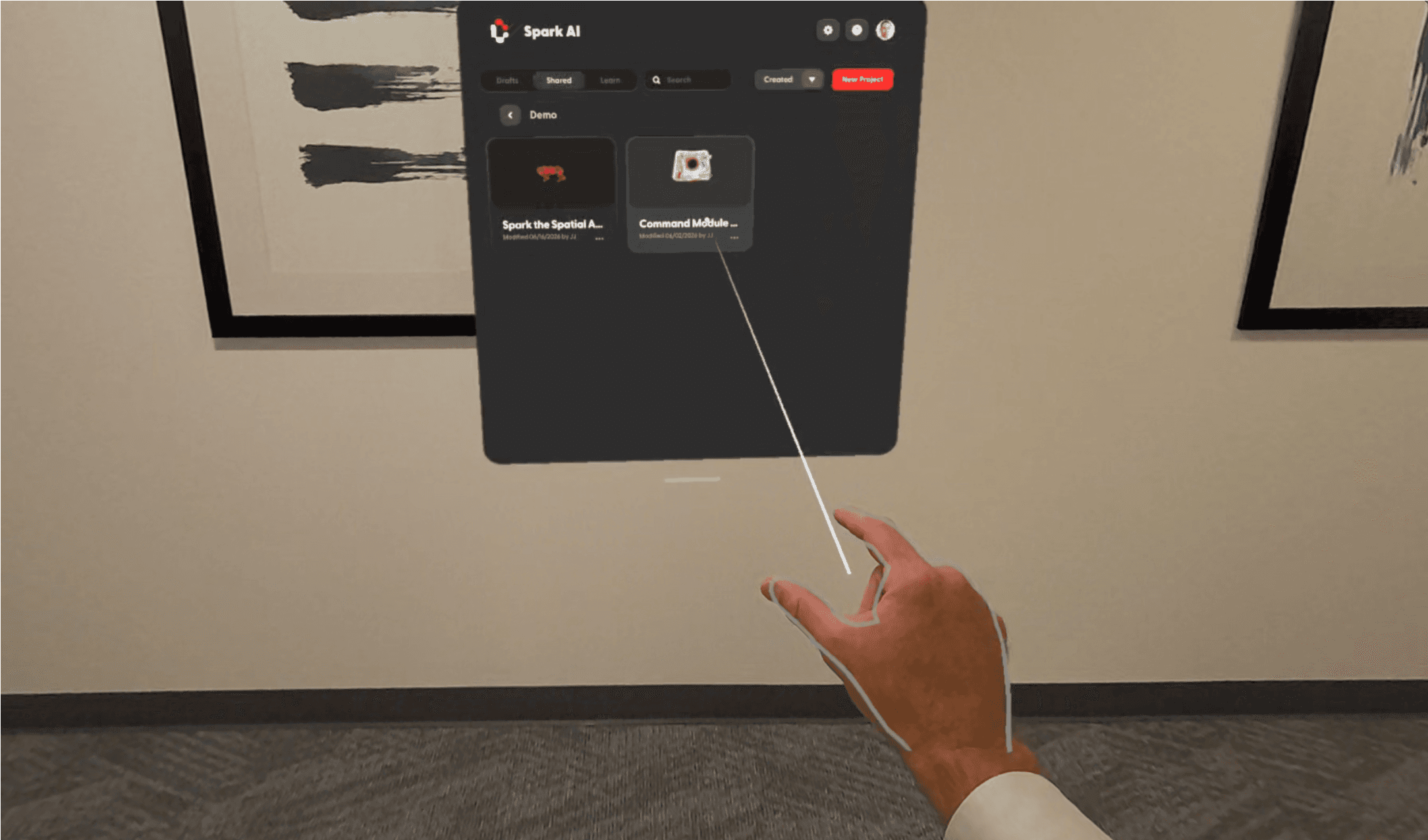 An XR headset user opens a Campfire project using their hand
