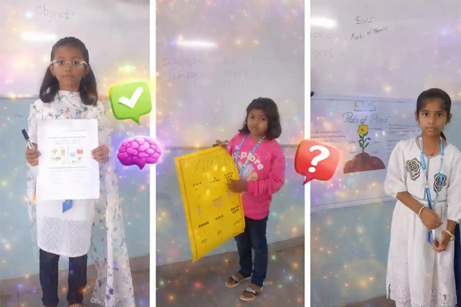 Children explaining creative ideas and learning concepts in class