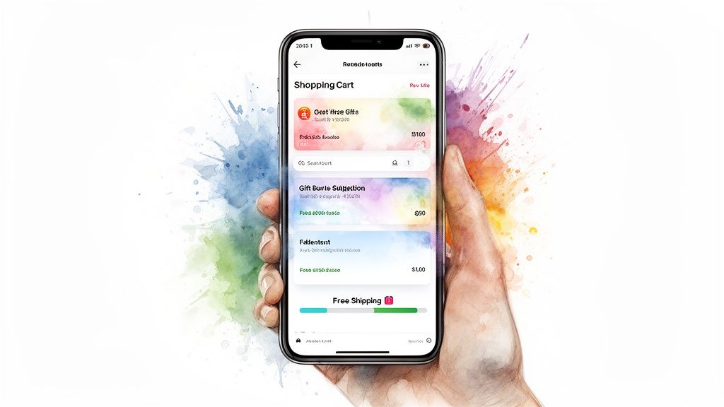 A hand holds a smartphone displaying a colorful shopping cart screen with various items and prices.