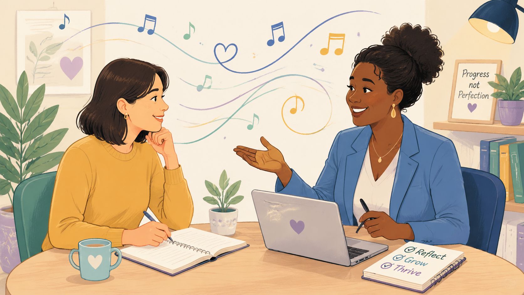 A professional mentor having an encouraging career coaching session with an employee in a bright office.