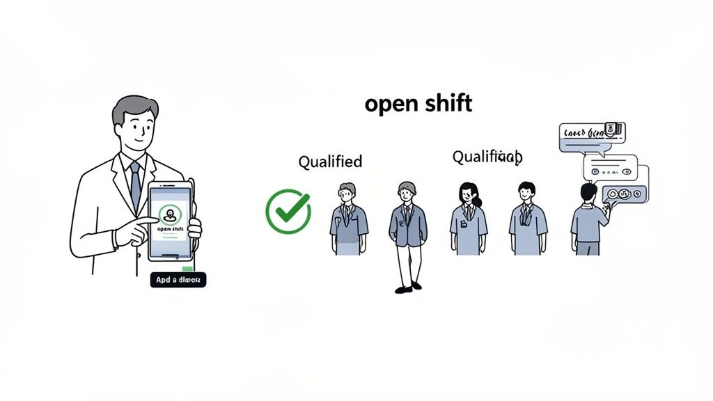 Illustration of a doctor managing open shifts on a smartphone, with qualified medical staff.
