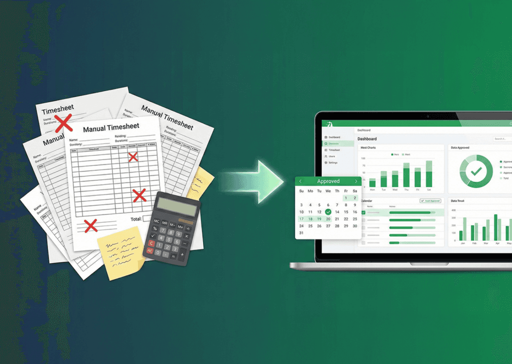 Illustra visivamente e con chiarezza il passaggio dai metodi tradizionali, soggetti a errori (simboleggiati dal mucchio di carte e dalle croci rosse), a una soluzione digitale organizzata, trasparente e priva di errori.