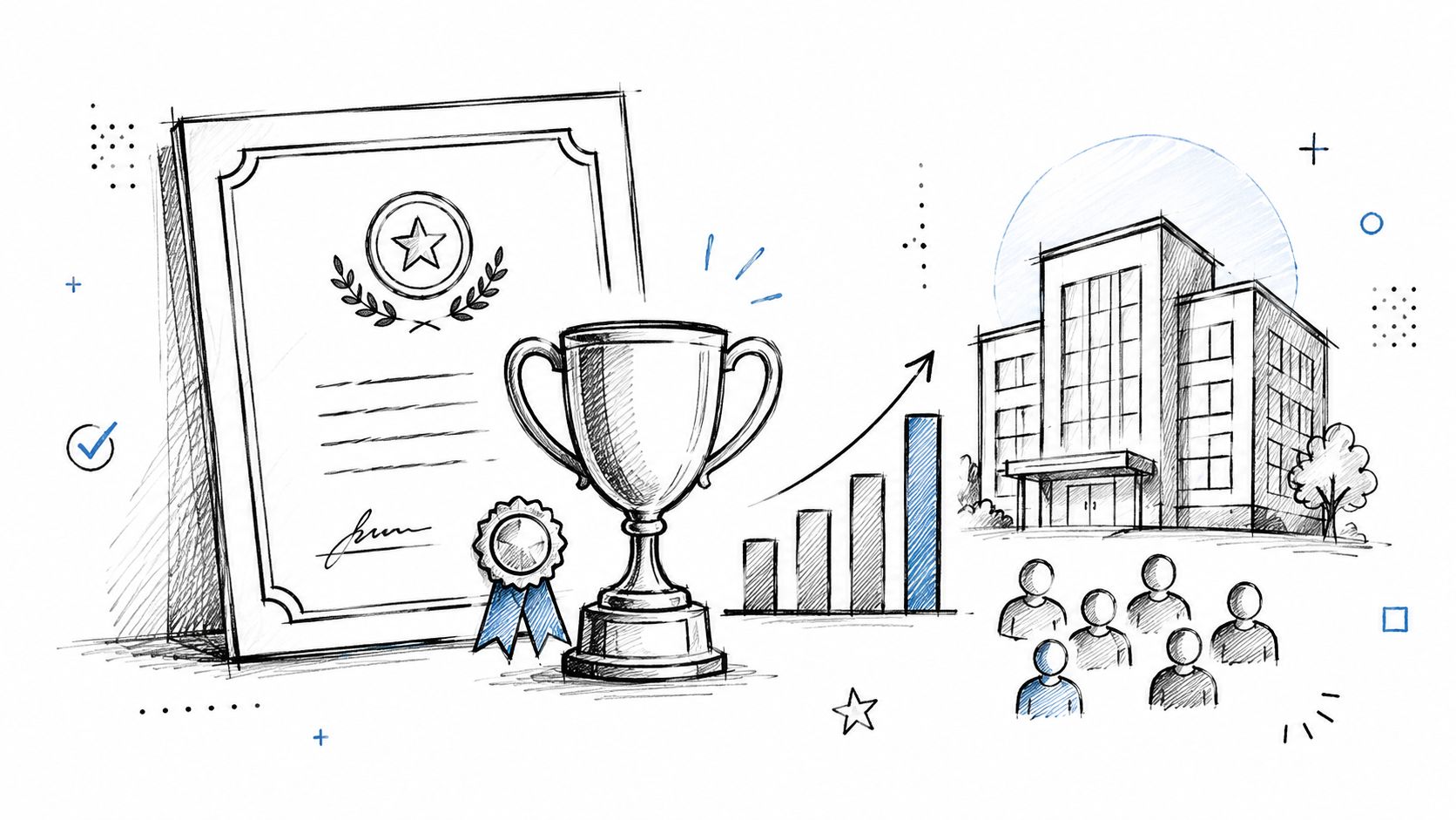 A hand-drawn illustration showing a certificate, a trophy, a growth chart, a building, and people.