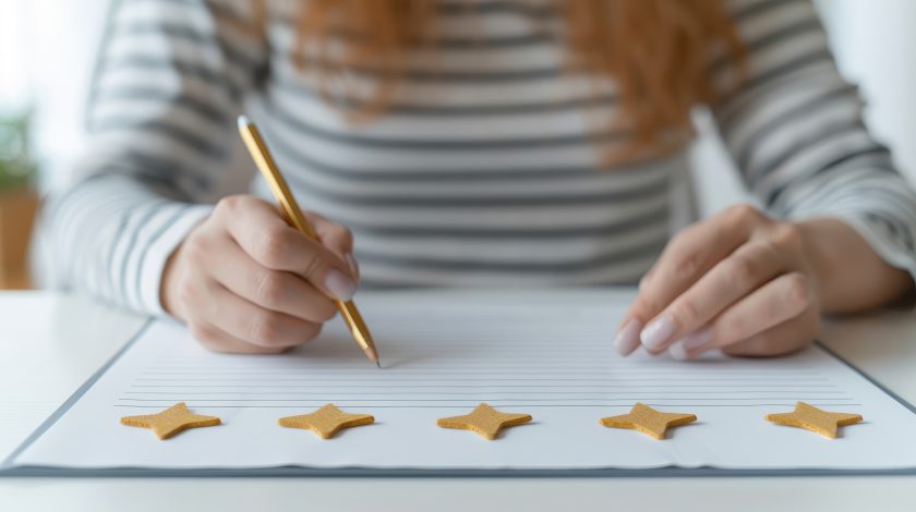A person wearing a striped shirt writes on a lined paper placed on a table, with five gold stars lined up at the bottom, symbolizing a review or evaluation process.