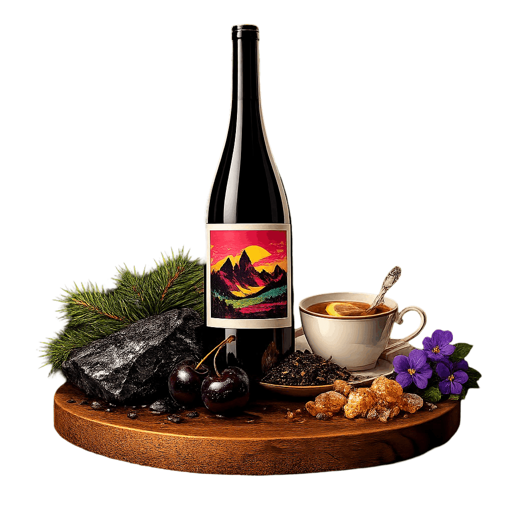 Artistic label and flavor profile for Portuguese Dão Red on a rustic wooden table.