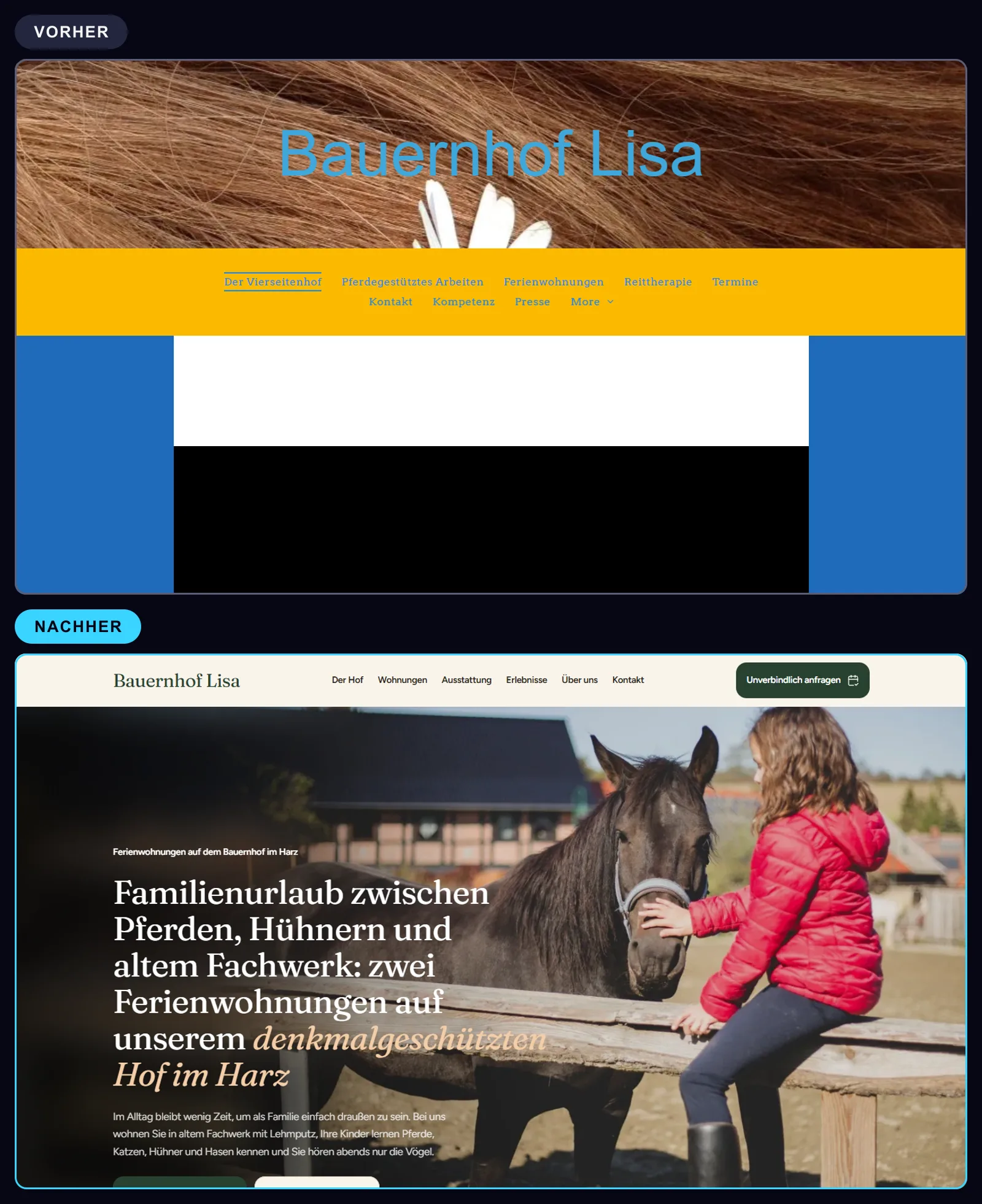 Vergleich der Startseite oben: im oberen Bild die alte Website mit Haarbild, blau-gelber Navigation, leerem weißen Block und Videoplayer mit schwarzem Startbild, im unteren Bild die Demo-Startseite mit Foto von Kind und Pferd, Überschrift mit Nutzen und zwei Buttons.