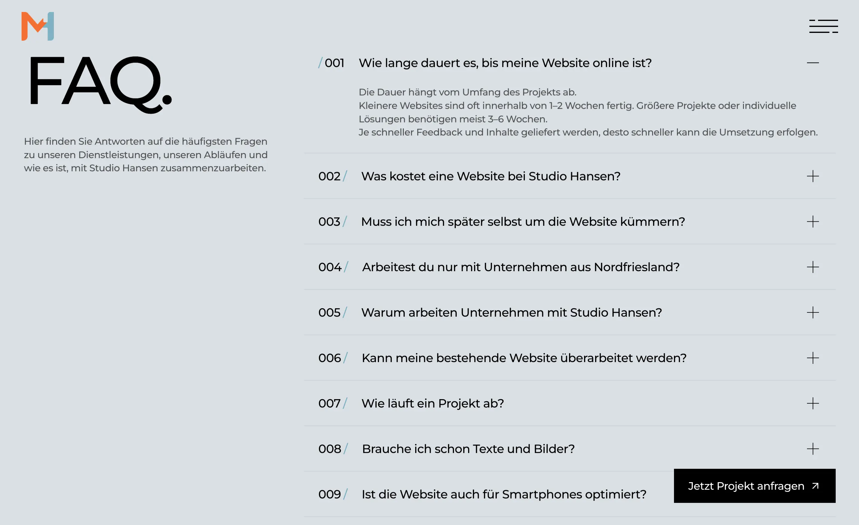 FAQ Sektion der Website Studio Hansen mit 9 Fragen