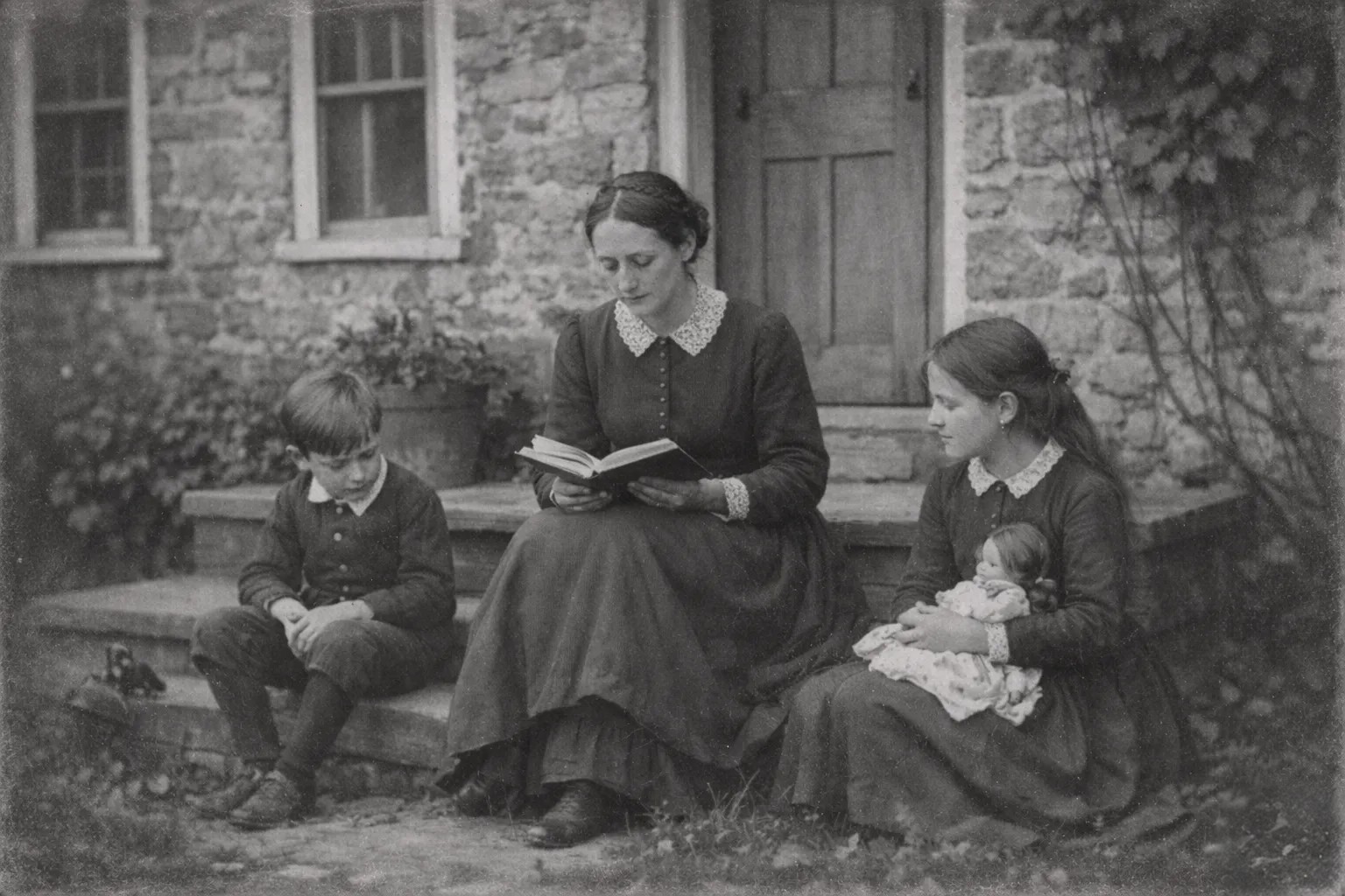 19th century woman reading a book on the doorsteps of home, with two kids on her side.