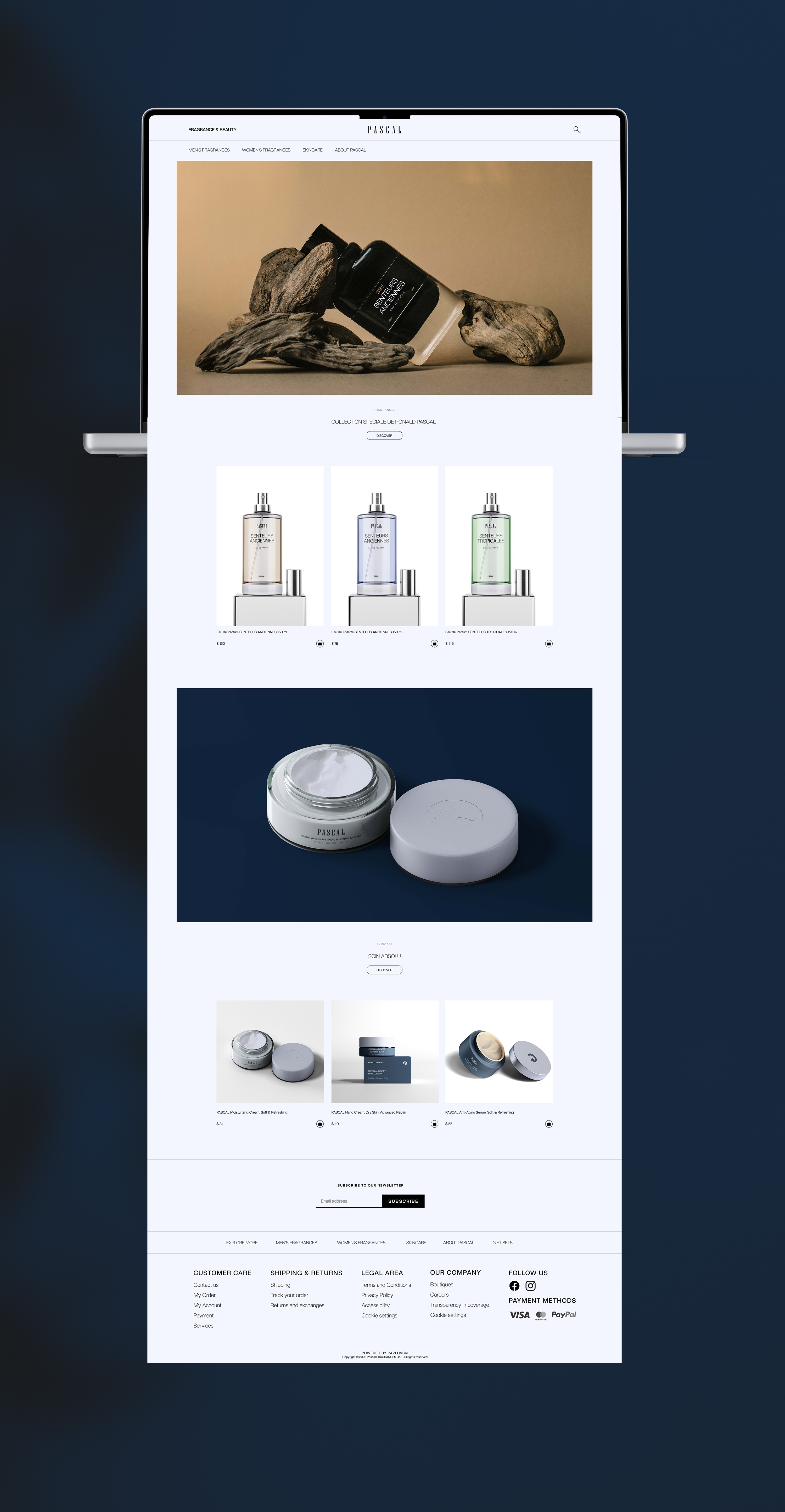 Pascal Cosmetic Company Website Front Page With Various Product Pictures Displayed, Cosmetic COmpany WEbsite IN use