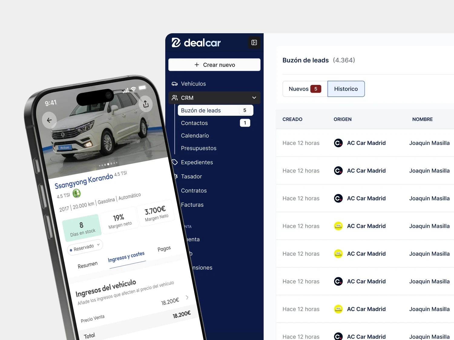 Dealcar sul cellulare e sul computer con la registrazione di un veicolo e la casella dei lead