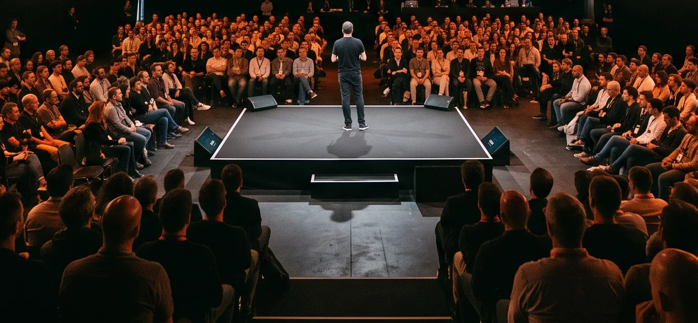 A seated crowd circling a small square stage with monitor wedges at its corners