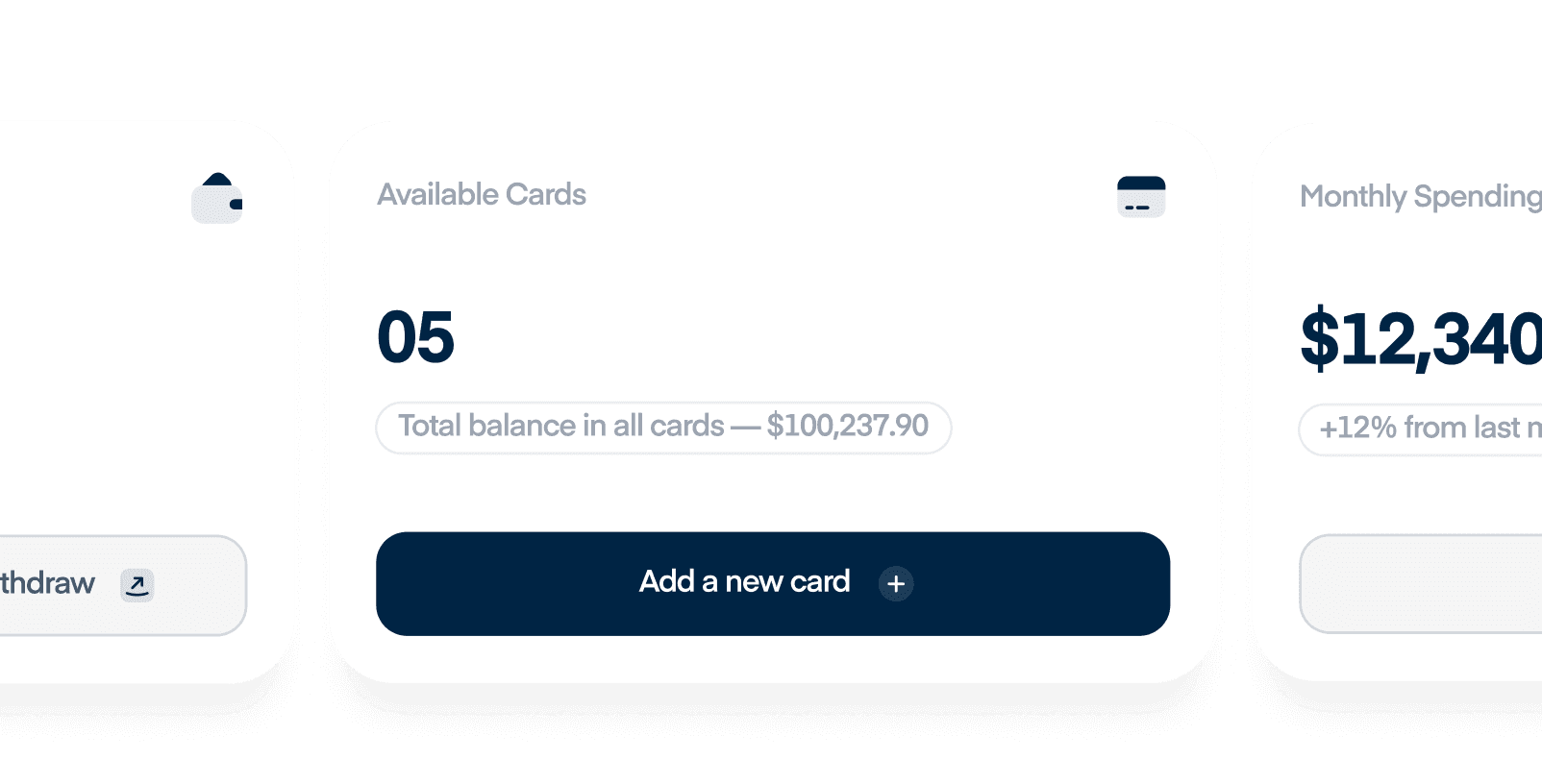 Banking dashboard showing 5 available cards with $100,237.90 total balance, monthly spending of $12,340, and an "Add a new card" button.