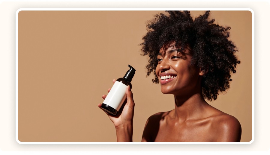 Woman holding a hair care bottle.
