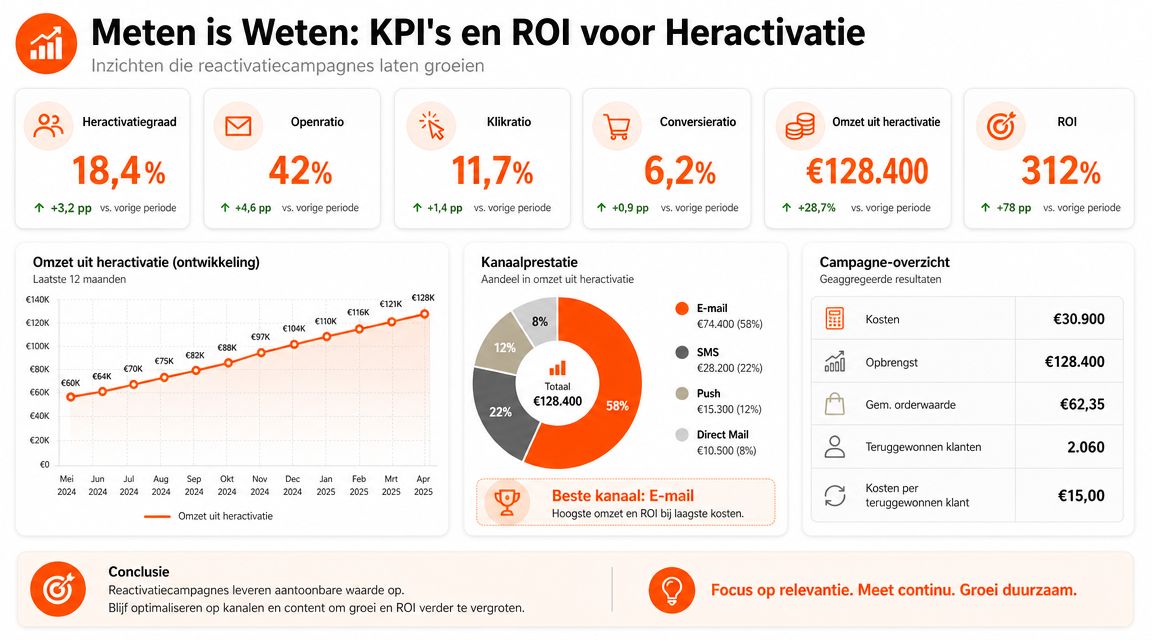 Een infographic met overzichtelijke KPI's, ROI-cijfers en een grafiek over het succes van reactivatiecampagnes voor bedrijven.