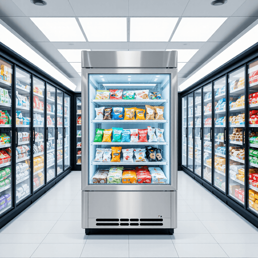 product photography of a display freezer for frozen food products