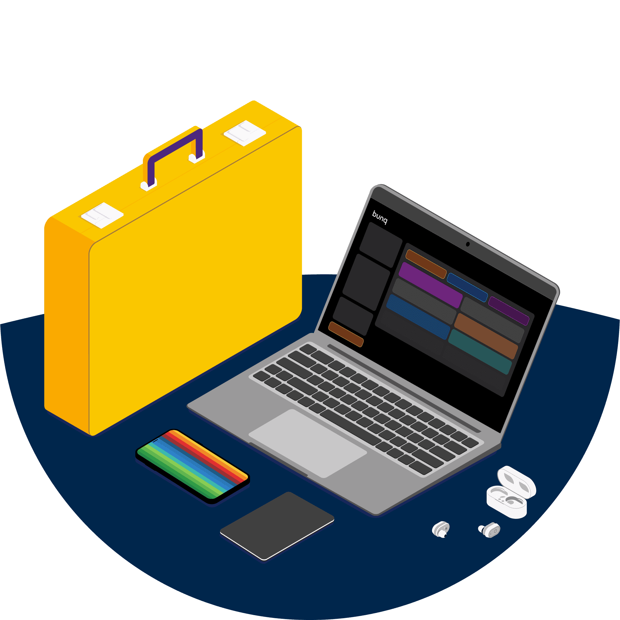 Een gele aktetas en een open laptop met kleurrijke graphics, omringd door verschillende kantoorartikelen op een donkere achtergrond.