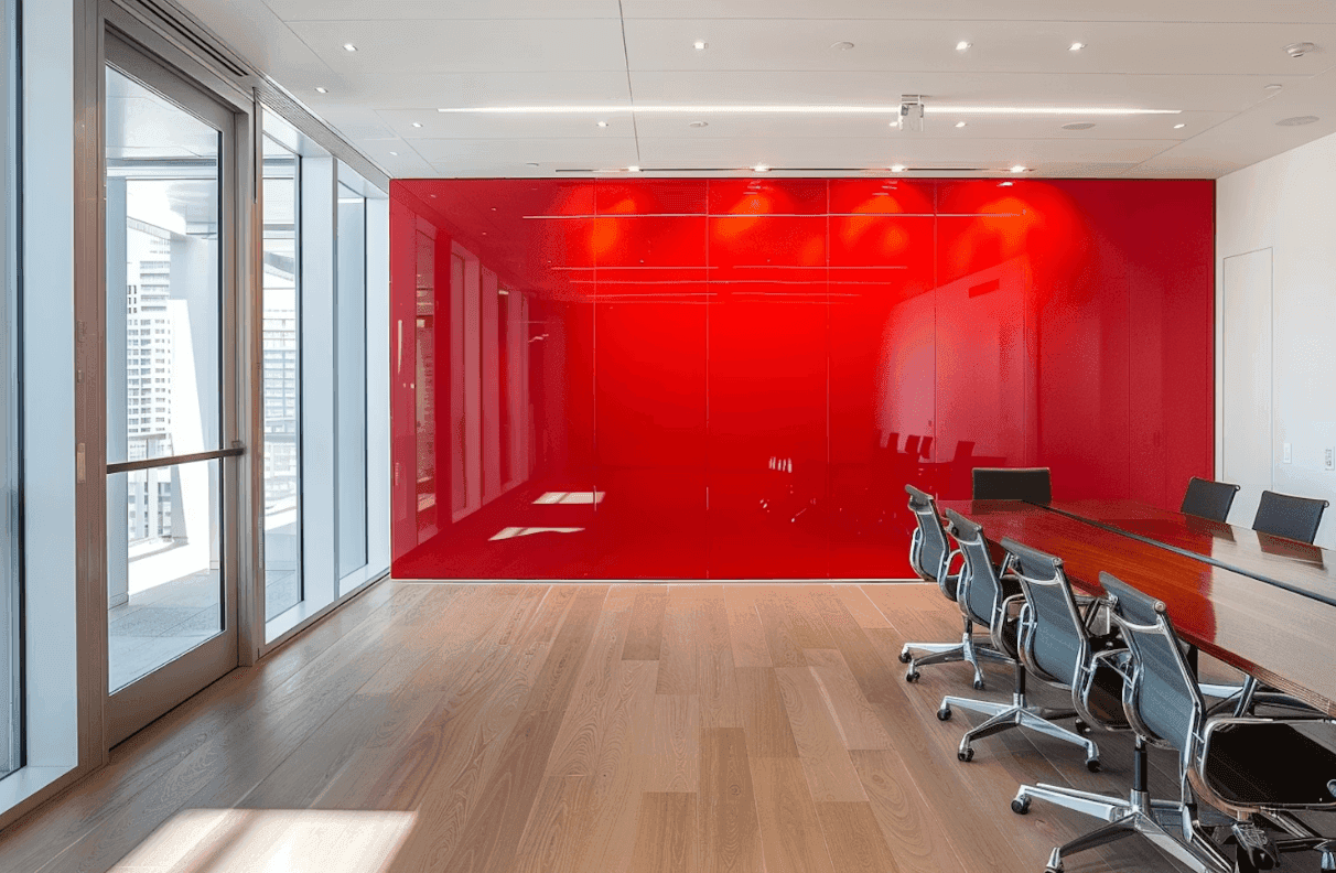 Empty meeting room with bright red wall and row of chairs