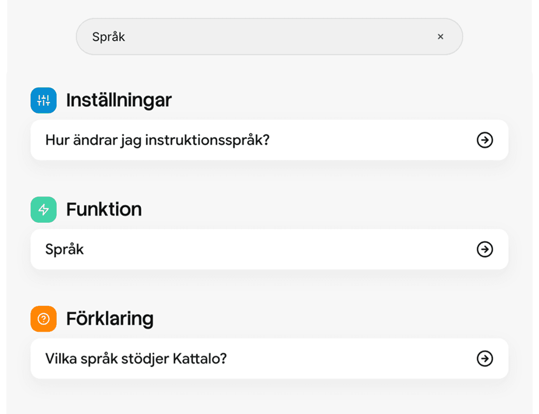 Sökning på ordet Språk i hjälpcentret för skola, med träffarna grupperade under Inställningar, Funktion och Förklaring