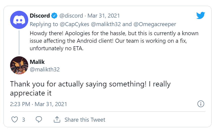 Discord Twitter support tweet