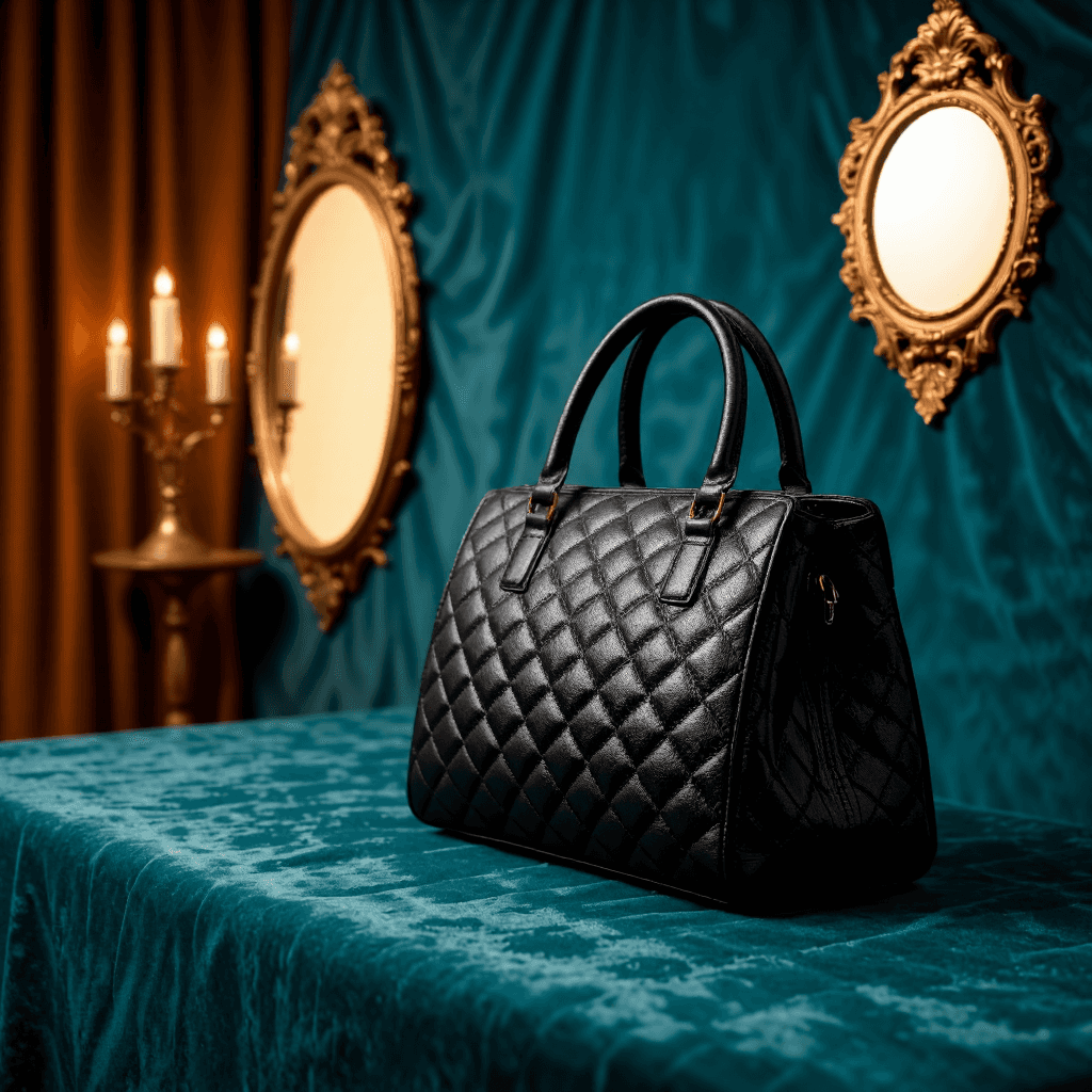 product photography of a handbag made of shiny black leather with a quilted design