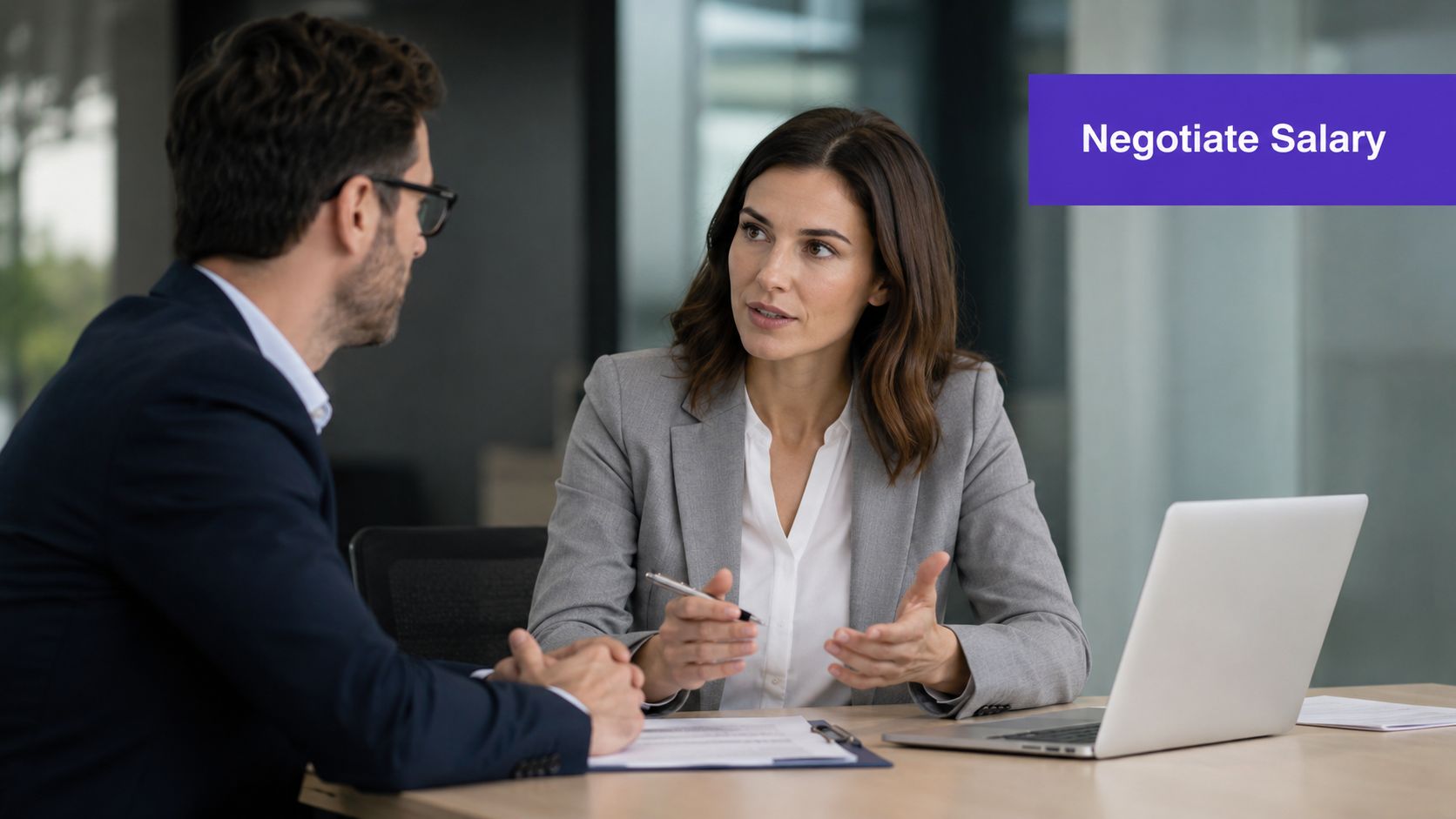 A professional woman and man in suits discussing salary negotiations in a modern corporate office setting.