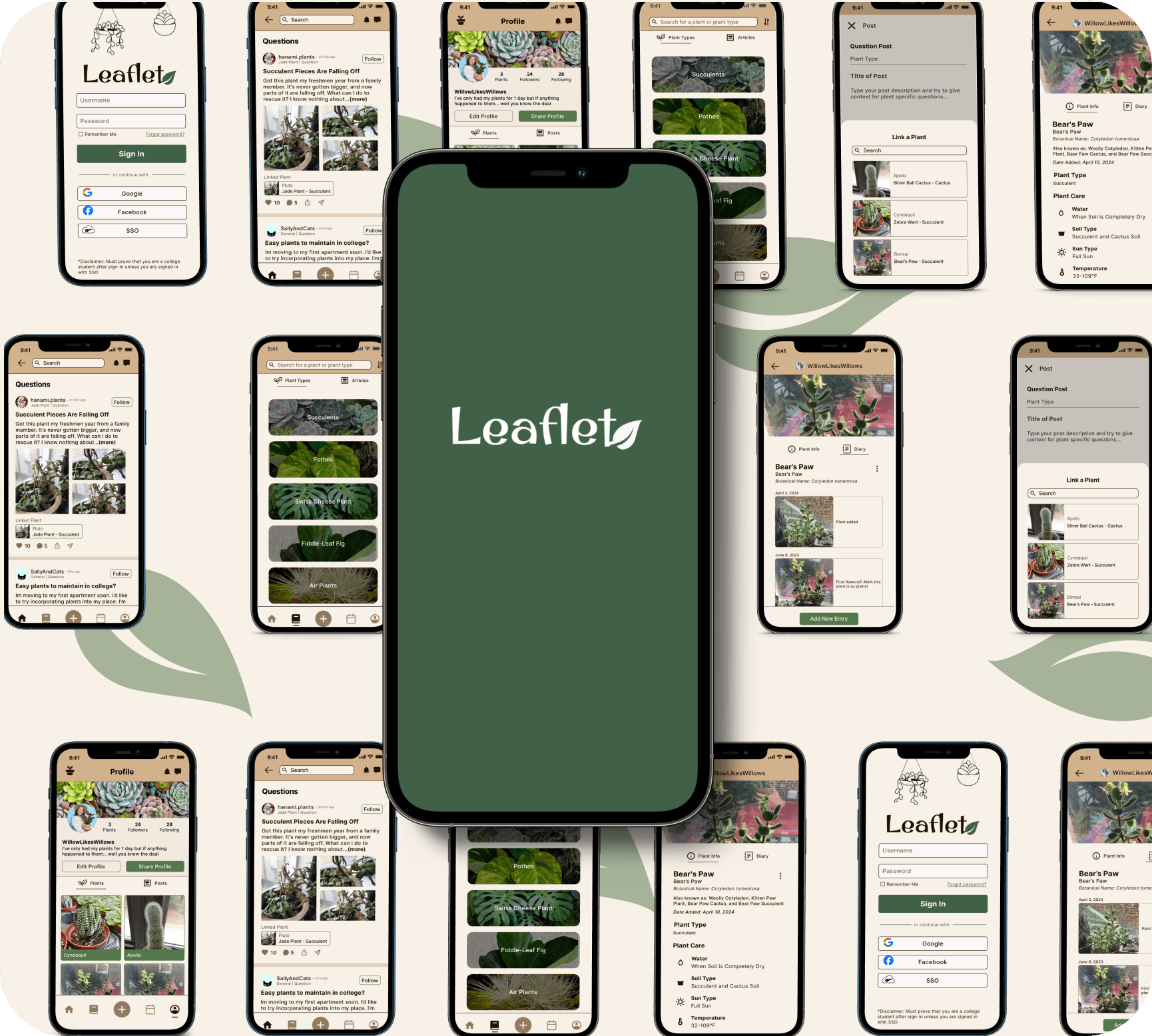 Design mockups of mobile app called Leaflet.