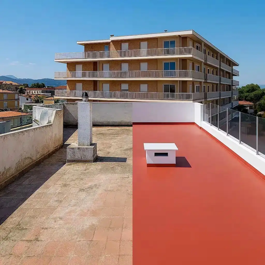 Impermeabilización profesional de terraza en Castellón con poliuretano rojo,protección durarera contra filtraciones