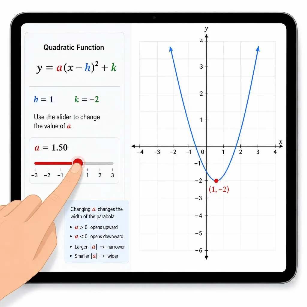 A graphic representation of a generic tablet screen showing a quadratic function in vertex form and its interactive graph with a vertex marked, illustrating how visual tools like Desmos are used to understand equations.
