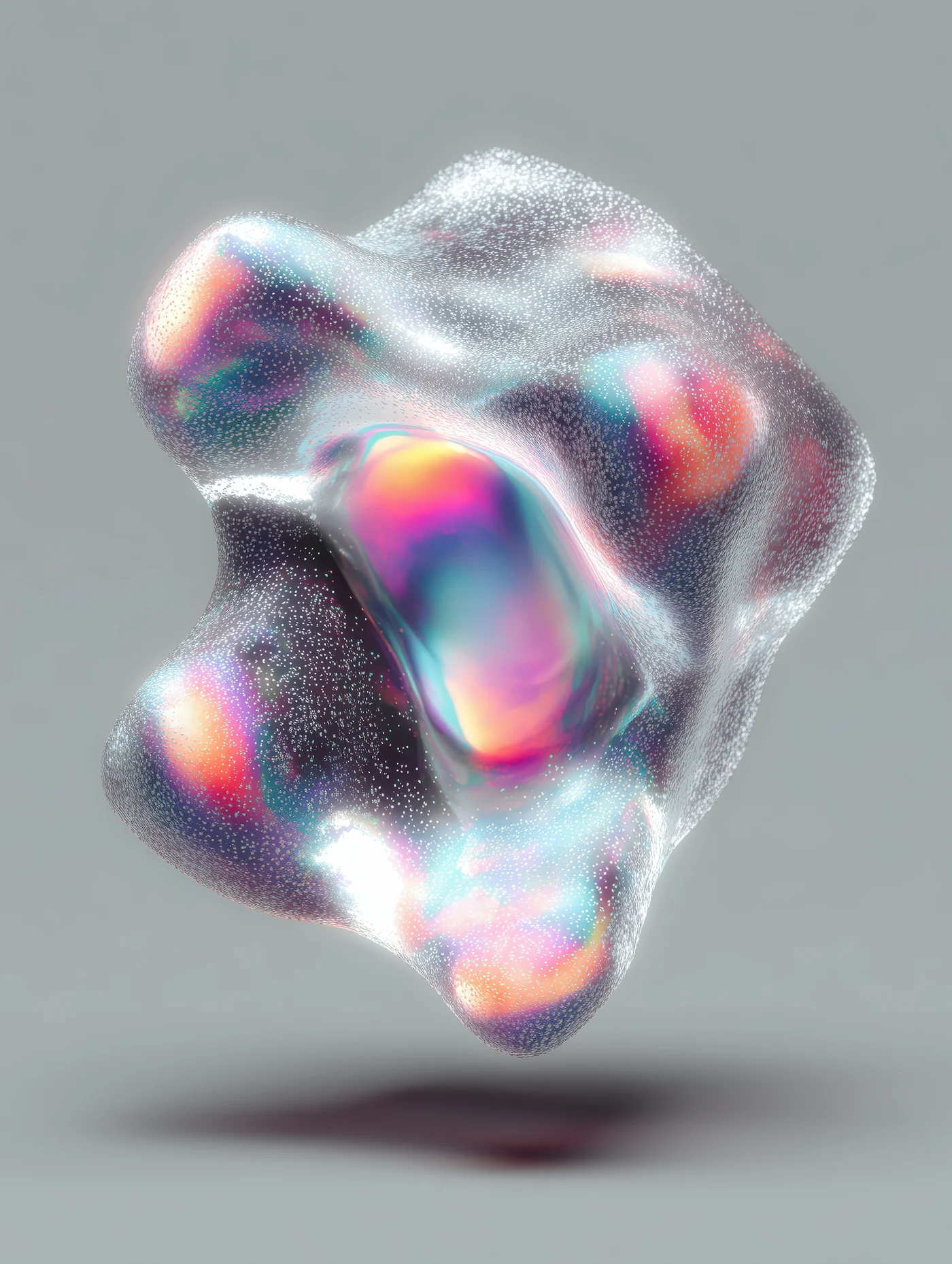 Iridescent glass blob on grey