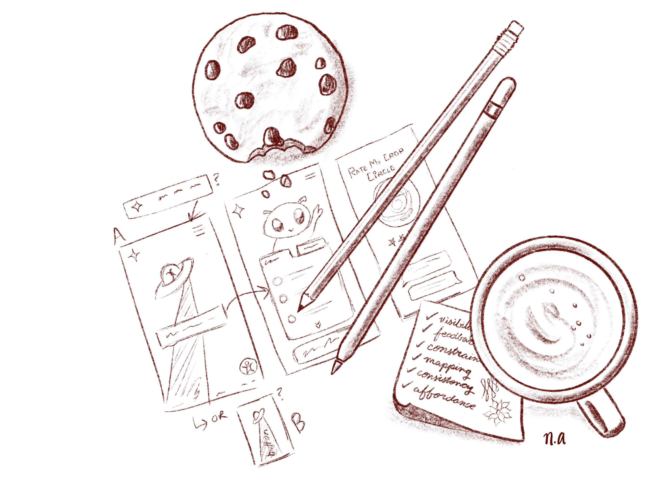 a sketch of a chocolate chip cookie, mug filled with tea, a pencil, an Apple pencil, a sticky note with 7 design princples, and 3 wireframes of a fictional app for aliens