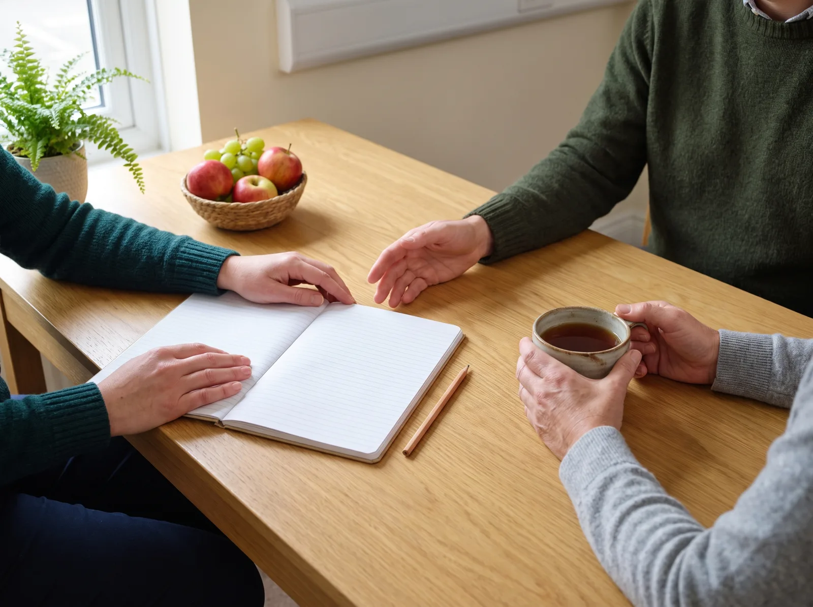 A patient and pharmacist talking through a plan at a desk with a notebook and a cup of tea