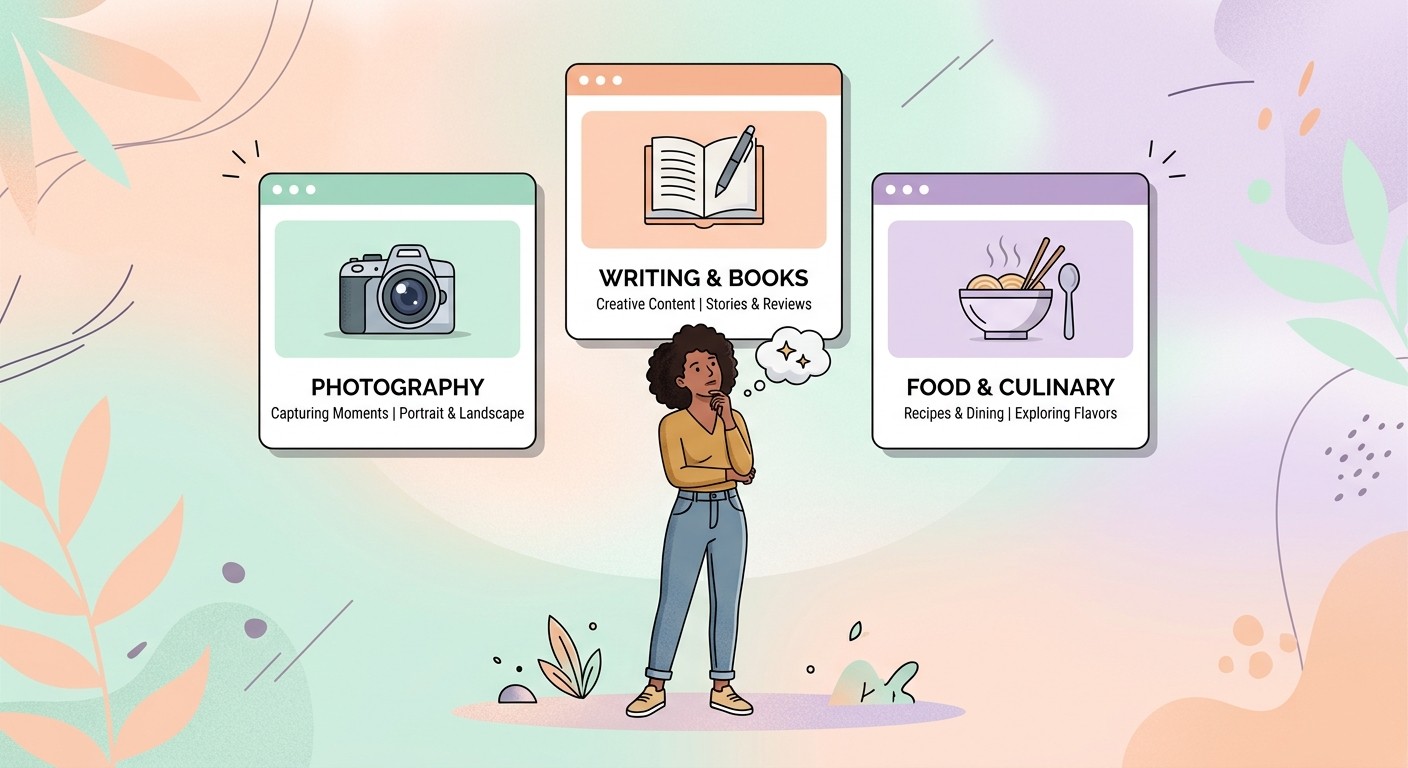 Illustration of a person choosing between three website niche topic cards